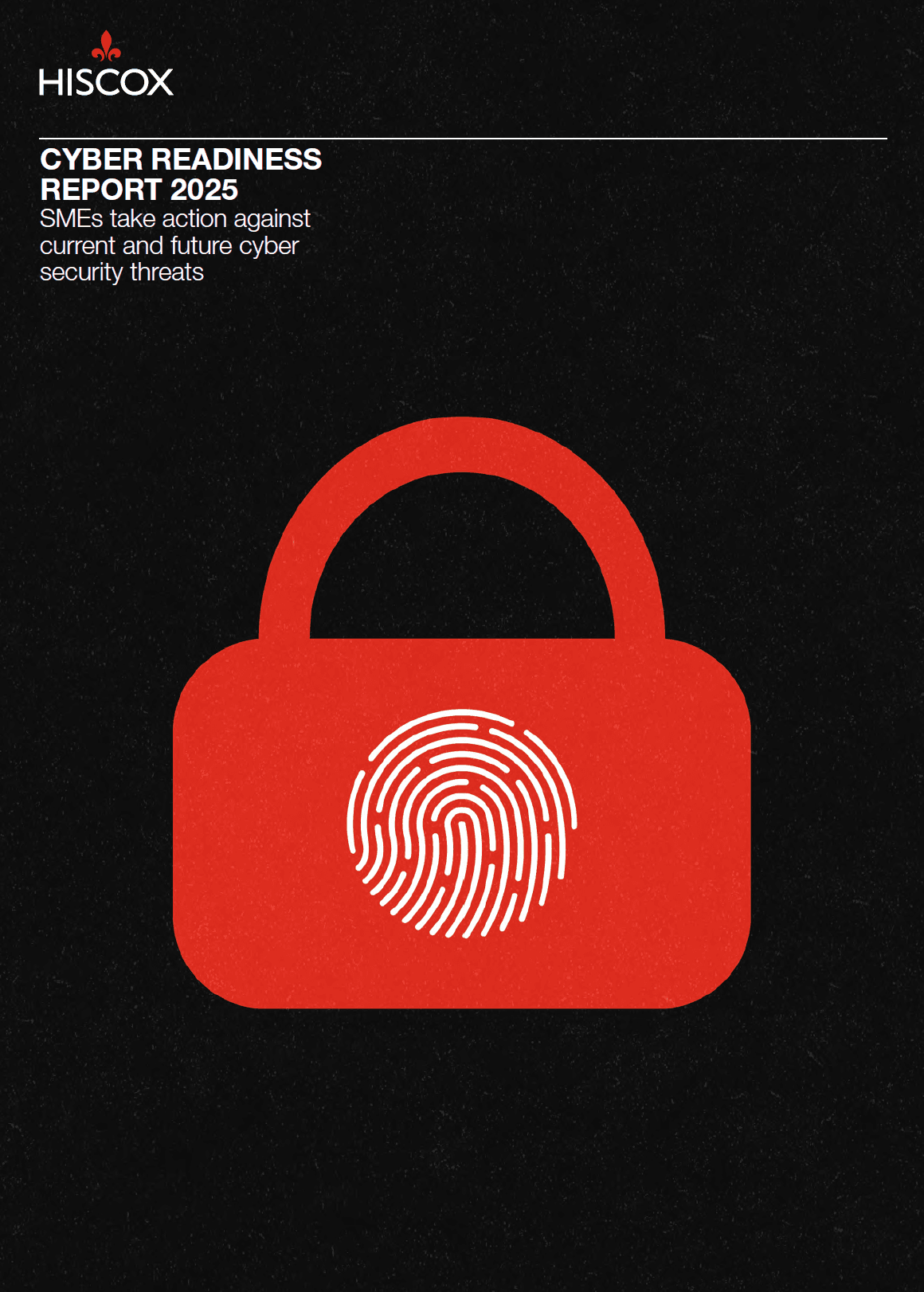 Auf dem Cover des Hiscox Cyber Readiness Reports 2025 ist ein rotes Vorhängeschloss zu sehen mit einem Fingerabdruck darauf - das das Thema Cyber-Sicherheit symbolisiert.