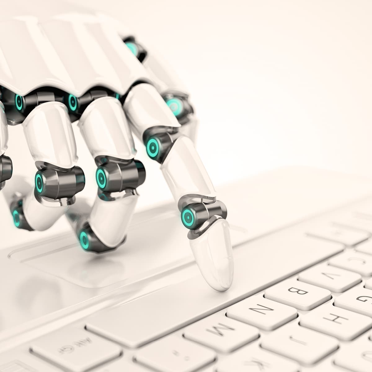 Das Aufmacherbild zur Hiscox KI-Umfrage 2025 zeigt eine Roboterhand, die auf einer Tastatur etwas eingibt