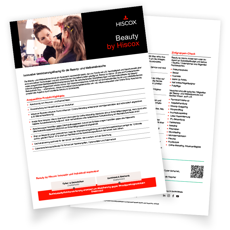 Darstellung der Vorderseite und Rückseite vom Highlightsheet von Beauty by Hiscox liegen übereinander.