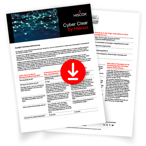 Vorschaubild des Infor-Flyer zur Cyber-Betriebsunterbrechung mit einem roten Download-Pfeil in der Mitte
