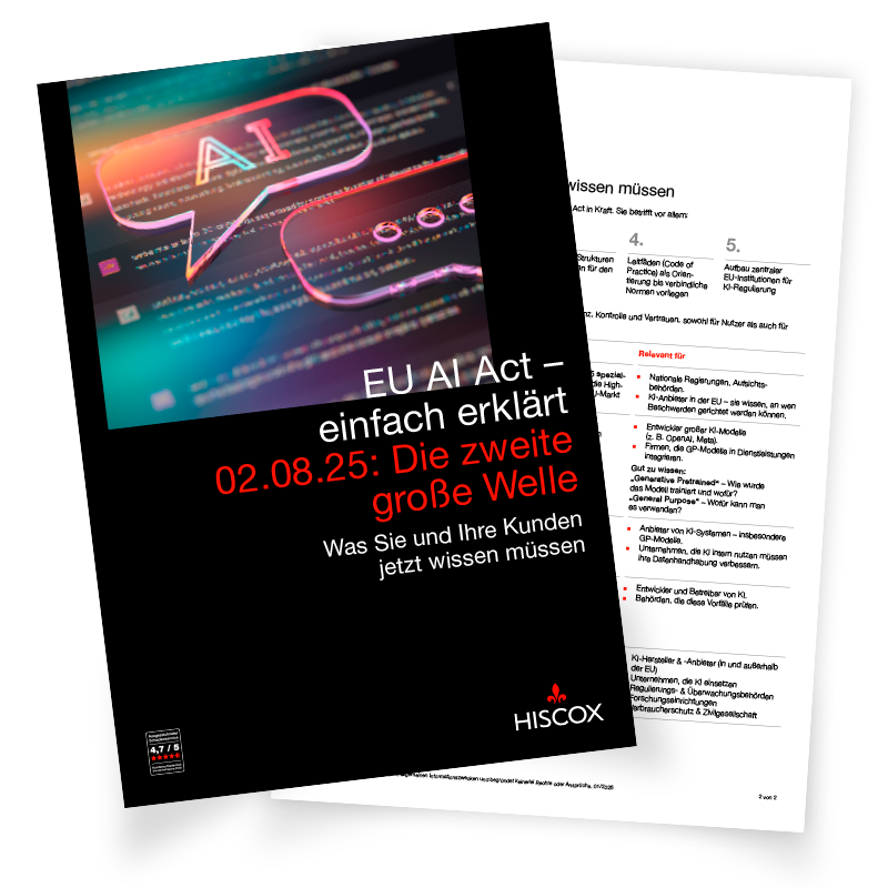 Vorschau auf zweiseitiges Dokument. Die erste Seite zeigt eine Grafik mit einer Sprechblase. In der Sprechblase steht AI. Drunter steht folgedner Text: EU AI Act einfach erklärt. 02.08.25 Die zweite große Welle. Was Sie und Ihre Kunden jetzt wissen müssen.