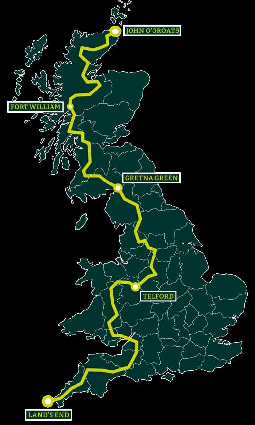 Karte des Vereinigten Königreichs mit einer gelben Route von Land's End nach John O'Groats, über Telford, Gretna Green und Fort William, die eine Fernreise markiert.