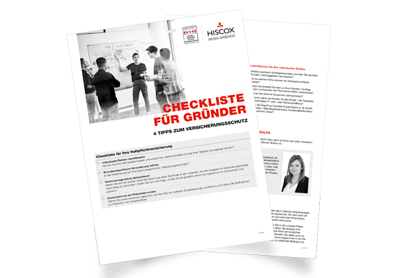 Broschüre von Hiscox mit einer Checkliste und Tipps zum Versicherungsschutz für Gründer, geöffnet auf zwei Seiten