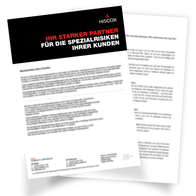 Zwei überlappende Seiten eines Dokuments. Die obere Seite trägt den Text: "IHR STARKER PARTNER FÜR DIE SPEZIALRISIKEN IHRER KUNDEN HISCOX". Darunter befindet sich weiterer Text, der jedoch zu klein ist, um ihn klar zu lesen