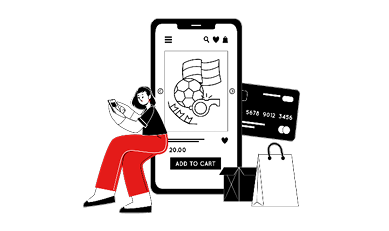 Eine Illustration zeigt einen Computerbildschirm mit einem Online-Shop, der ein Trikot und einen Fußball anzeigt. Daneben steht ein Einkaufswagen mit Paketen. Vor dem Bildschirm befindet sich ein Warnschild mit einem Totenkopf-Symbol