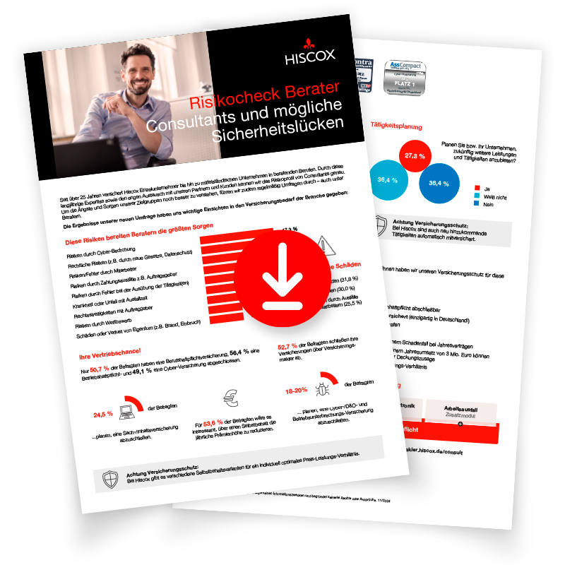 Zwei übereinanderliegende Dokumente, das obere zeigt einen Mann im Anzug mit einem Laptop. Der Titel des Dokuments lautet "Risiko Check Berater - Consultants und mögliche Sicherheitslücken". Ein großer roter Download-Button ist in der Mitte des Dokuments zu sehen