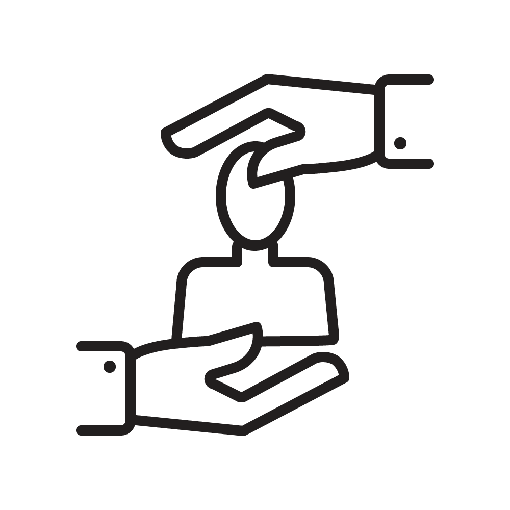 Icon von zwei Händen, die eine Person halten, symbolisiert Unterstützung und Schutz.