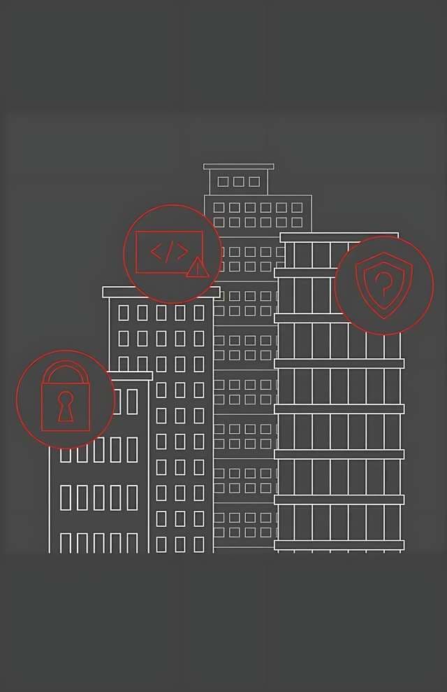 Zeichnung von drei Gebäuden mit überlagerten Symbolen: ein Vorhängeschloss, ein Code-Symbol (</>) und ein Standort-Pin mit Schild – Hinweis auf Sicherheit, Programmierung und Standortschutz.