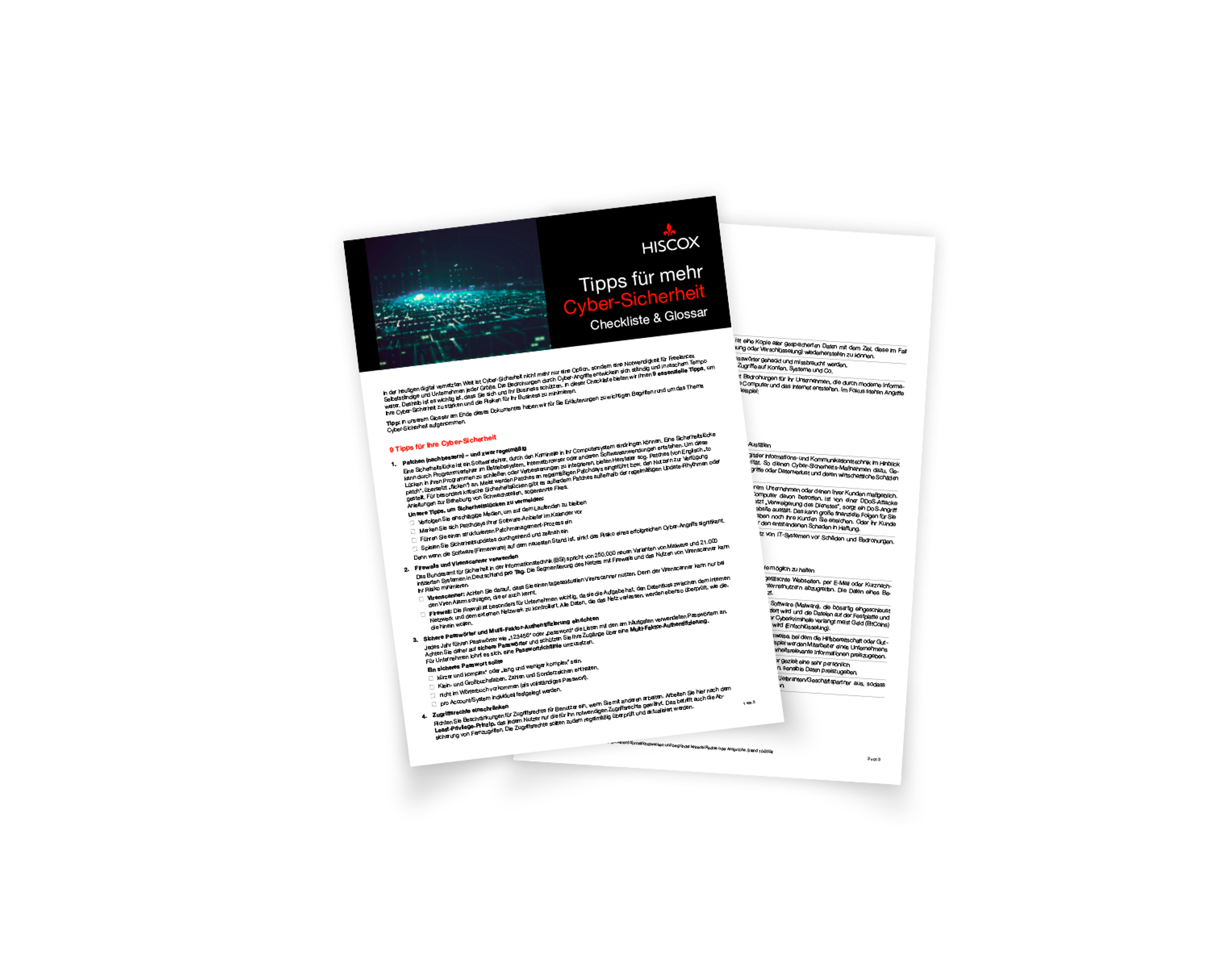 Zwei Seiten eines Dokuments mit dem Titel "Tipps für mehr Cyber-Sicherheit Checkliste & Glossar" von Hiscox. Die erste Seite enthält eine Liste von Tipps zur Verbesserung der Cybersicherheit.