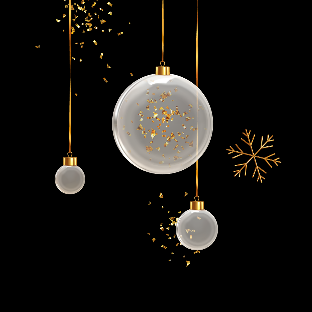 Drei transparente Weihnachtskugeln mit goldenen Konfetti-Inhalten hängen an goldenen Fäden vor schwarzem Hintergrund; rechts ist eine goldene Schneeflocke zu sehen.