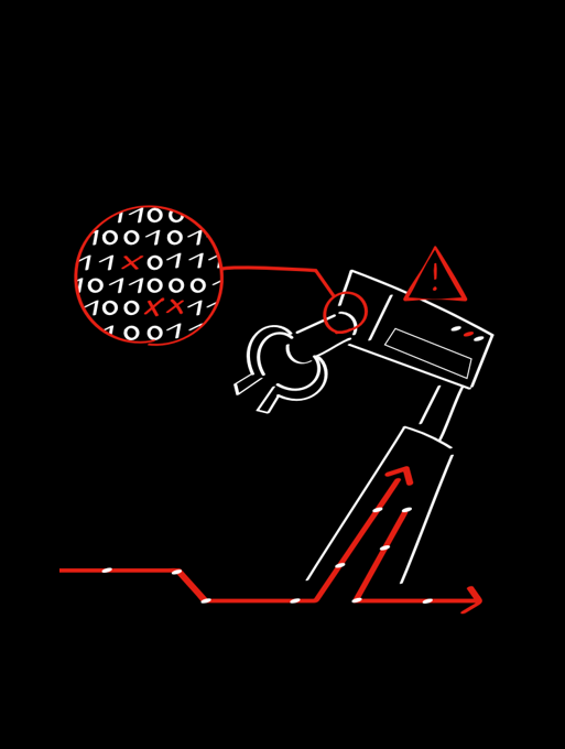 Illustration eines Roboterarms, der einen Schlüssel hält, mit Bewegungspfeilen, einer Lupe über Binärcode mit roten X-Zeichen und einem Warnsymbol – Hinweis auf Sicherheit oder Fehlersuche.