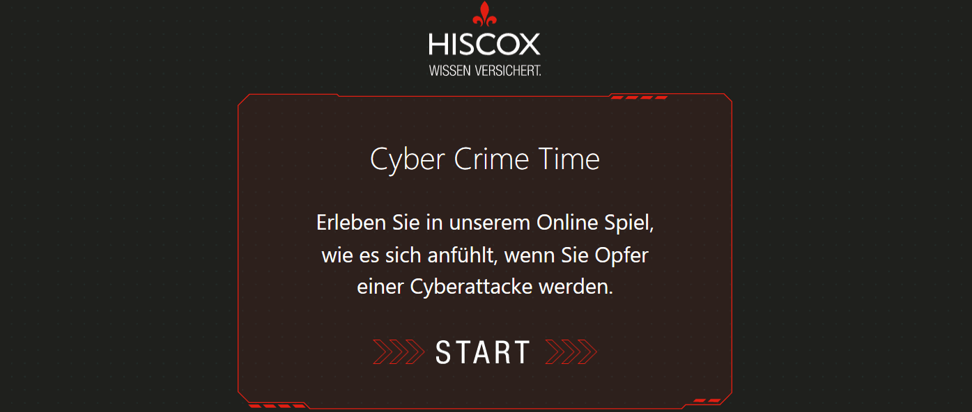 Startseite des Hiscox Cyber Crime Time Spiels