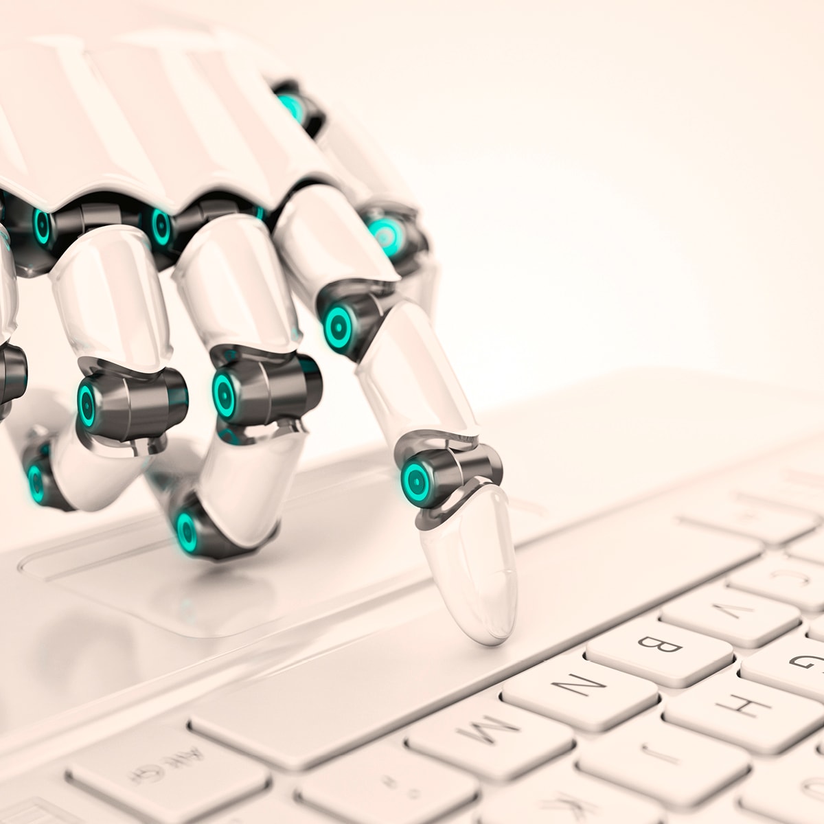 Das Aufmacherbild zur Hiscox KI-Umfrage 2025 zeigt eine Roboterhand, die auf einer Tastatur etwas eingibt