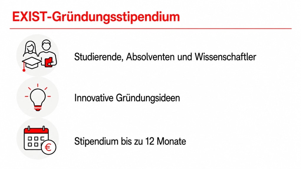 Infografik zum EXIST-Gründungsstipendium zeigt Zielgruppen wie Studierende, Absolventen und Wissenschaftler mit passenden Symbolen. Wichtige Informationen umfassen innovative Gründungsideen und eine Stipendienlaufzeit von bis zu 12 Monaten, dargestellt durch Icons für Ideen und Kalender.