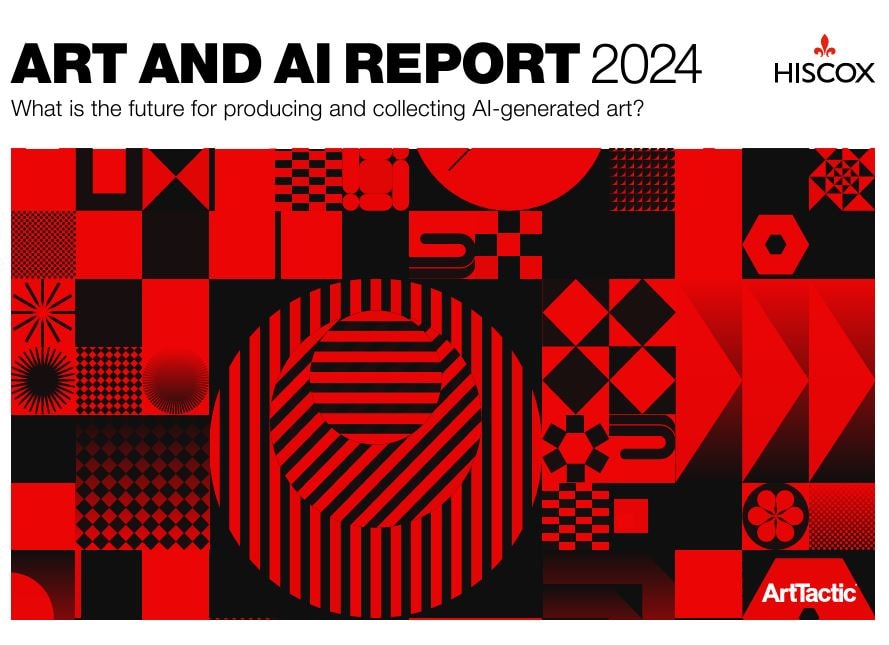 Ein Bild zeigt das Cover des "Art and AI Report 2024" von Hiscox und ArtTactic. Der Titel lautet: "What is the future for producing and collecting AI-generated art?" Das Design besteht aus verschiedenen roten und schwarzen geometrischen Mustern