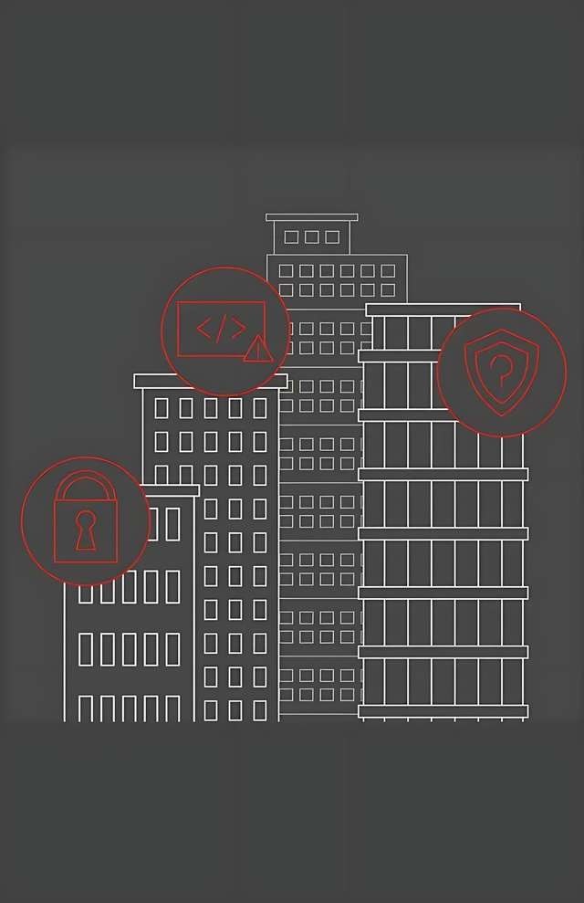 Zeichnung von drei Gebäuden mit überlagerten Symbolen: ein Vorhängeschloss, ein Code-Symbol (</>) und ein Standort-Pin mit Schild – Hinweis auf Sicherheit, Programmierung und Standortschutz.