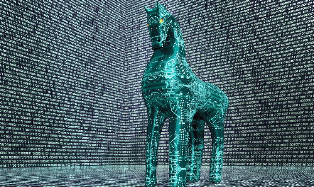 Digitales Trojanisches Pferd vor einem Hintergrund aus Binärcode: Symbol für Cyberangriffe und Schadsoftware