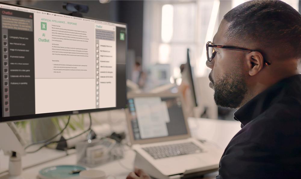 Mann mit schwarzem Hemd und Brille sitzt seitlich vor einem PC-Bildschirm. Im offenen Tab sieht man wie er eine Anfrage in ChatGPT stellt.