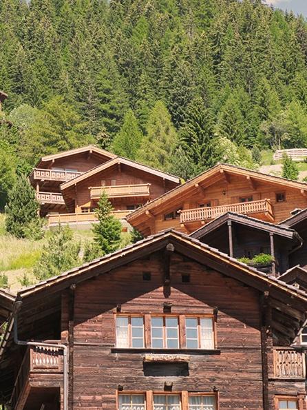 Charmante Holzchalets in Österreich in einem üppigen, bewaldeten Hang inmitten eines leuchtend grünen Kiefernwaldes, der Ruhe und rustikales Bergleben ausstrahlt.