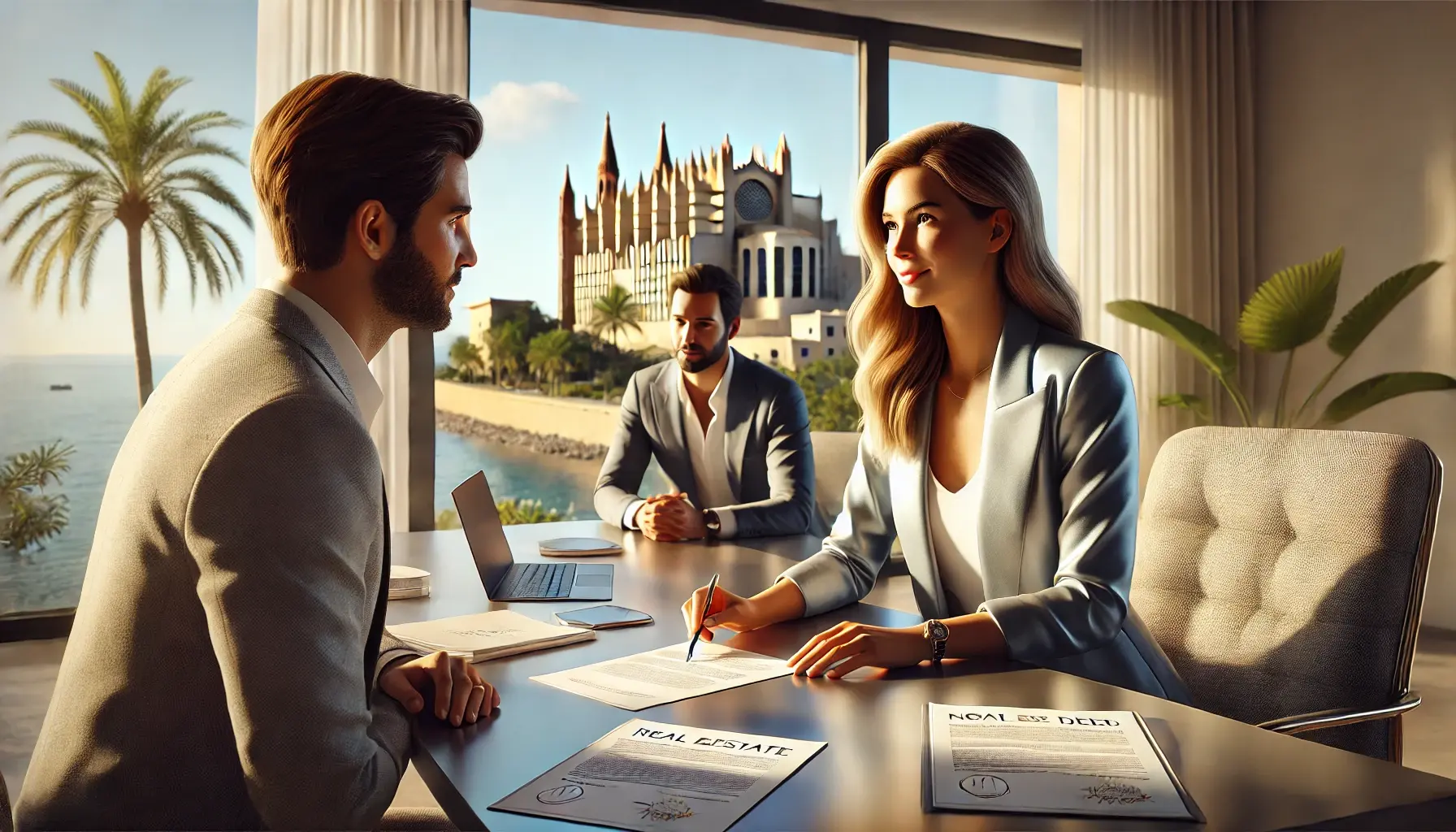 Ein Geschäftstreffen am Meer. Drei Personen in Anzügen besprechen Immobilienverträge in einem modernen Büro mit Blick auf den Strand und ein imposantes Gebäude im Hintergrund.