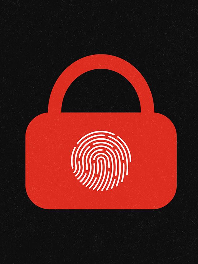 Ein rotes stilisiertes Schloss mit weißem Fingerabdruck in der Mitte auf schwarzem Hintergrund