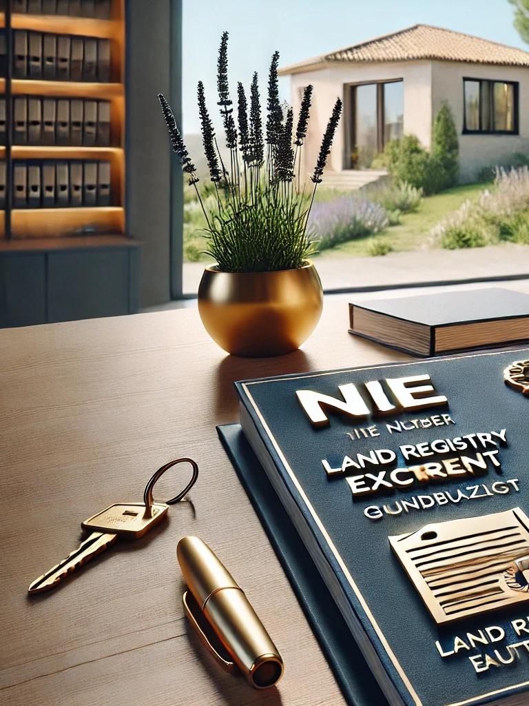 Ein luxuriöses Büro mit Blick auf ein Haus und einen Garten. Eine goldene Lampe und eine Pflanze stehen auf einem Schreibtisch mit Dokumenten mit der Aufschrift „NIE“ und „Grundbuchamt“.