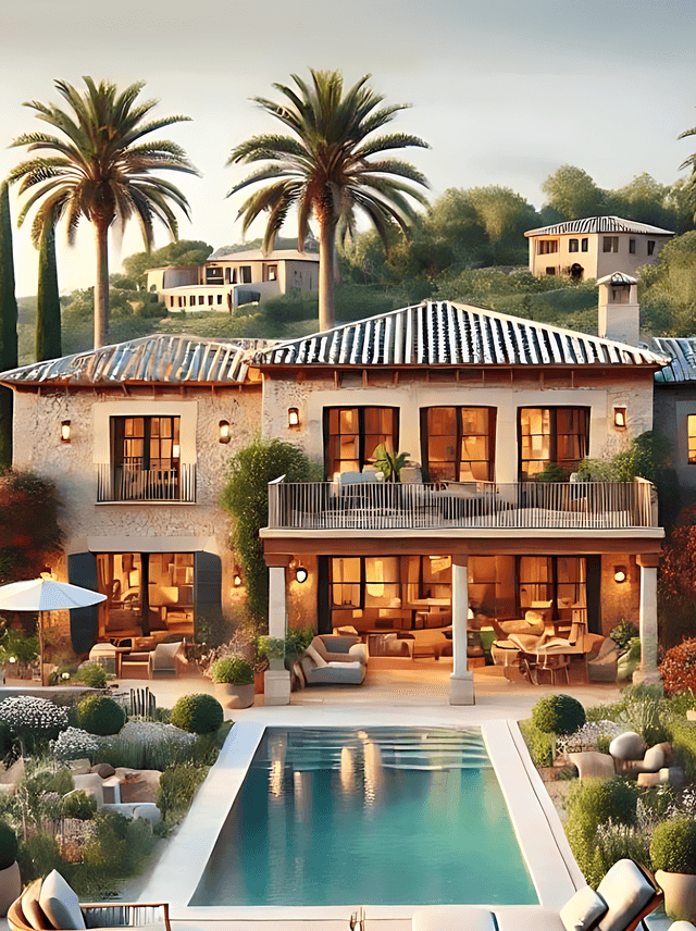 Im Fokus steht ein Ferienhaus auf Mallorca mit Pool im Garten und einer grünbewachsenen Gartenlandschaft. Die Immobilie ist hellerleuchtet, zweistöckig, schick eingerichtet mit Balkon und Terrasse.