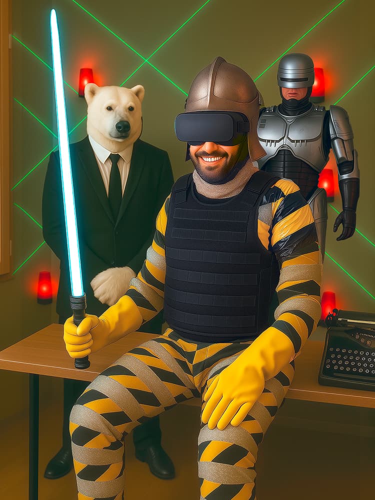 Ein grinsender Mann, der in Verpackungsfolie gehüllt ist, trägt gelbe Gummihandschuhe und ein Laserschwert. Hinter ihm stehen ein Eisbär in Anzug sowie ein Ritter.