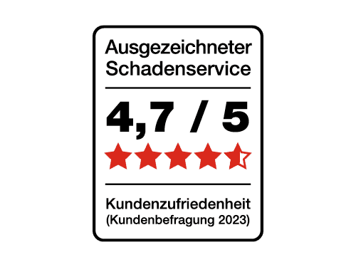 Hiscox Siegel für Schadenzufriedenheit bei Kunden im Jahr 2023 mit einem Wert von 4,7 von 5 Sternen