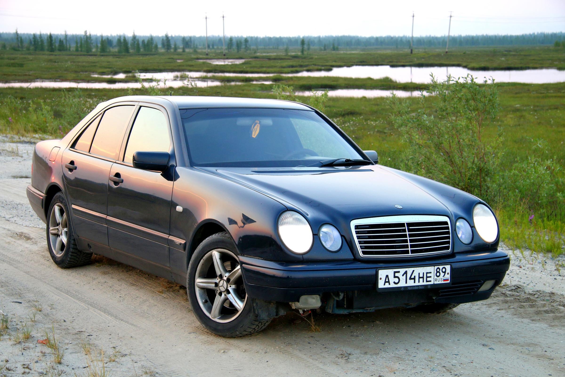 Ein dunkelblauer Mercedes Benz E-Klasse W210 parkt seitlich auf einem bewachsenen Feldweg.