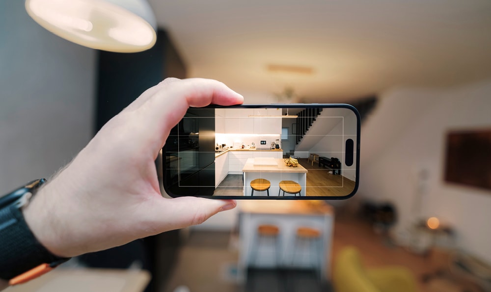 Eine Hand hält ein Smartphone, das eine stilvolle Küche mit eleganten schwarzen und weißen Schränken und hölzernen Barhockern erfasst. Die Szene strahlt Modernität und schickes Design aus.