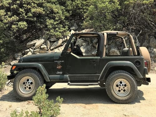Grüner Jeep Wrangler mit aufgeklapptem Verdeck, steht in der Natur vor Felsen
