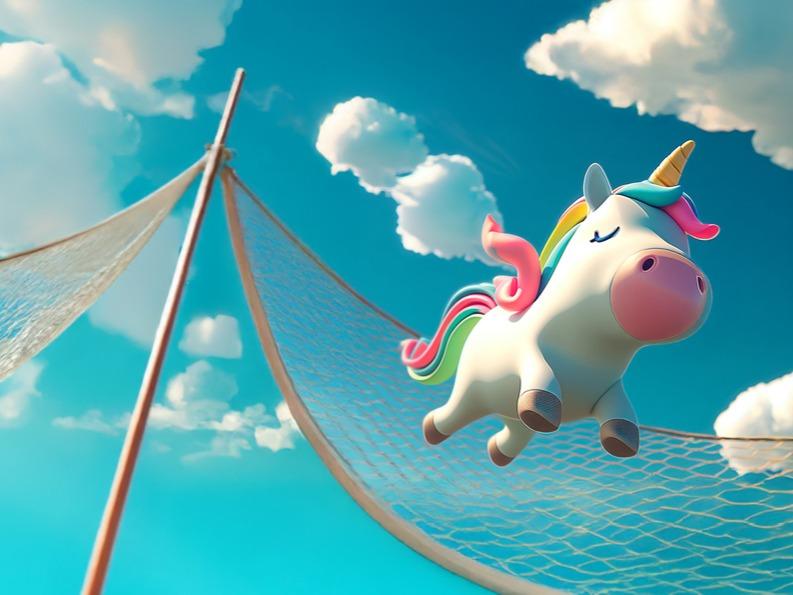 Ein sehr niedliches weißes Comic-Einhorn mit bunter Mähne und Schweif fliegt durch die Luft vor einem blauen Himmeln mit weißen Wolken. Unter dem Einhorn ist ein Auffangnetz gespannt.