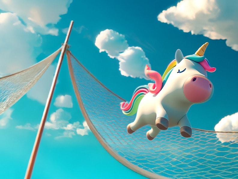 Ein sehr niedliches weißes Comic-Einhorn mit bunter Mähne und Schweif fliegt durch die Luft vor einem blauen Himmeln mit weißen Wolken. Unter dem Einhorn ist ein Auffangnetz gespannt.