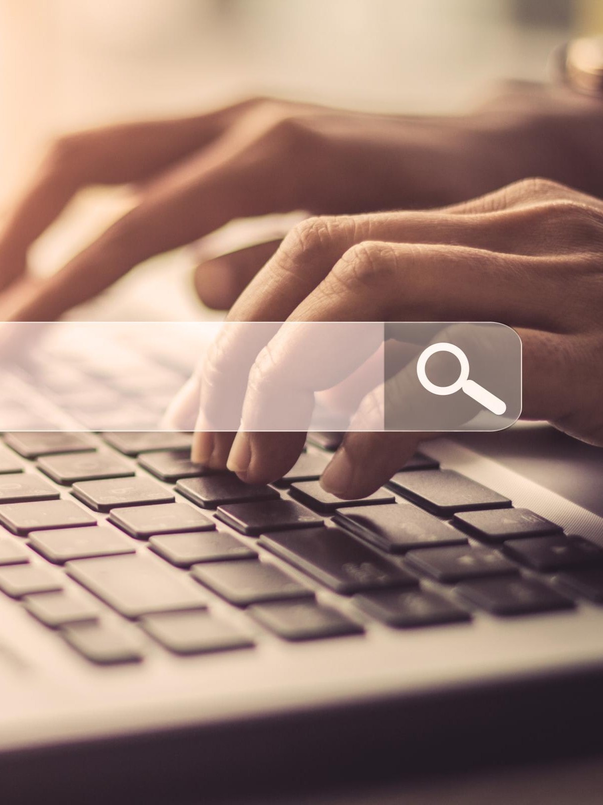 Im Hintergrund sind zwei Hände, die auf einem Laptop tippen und im Vordergrund ist eine Illustration von einem Suchfeld mit einer Lupe.