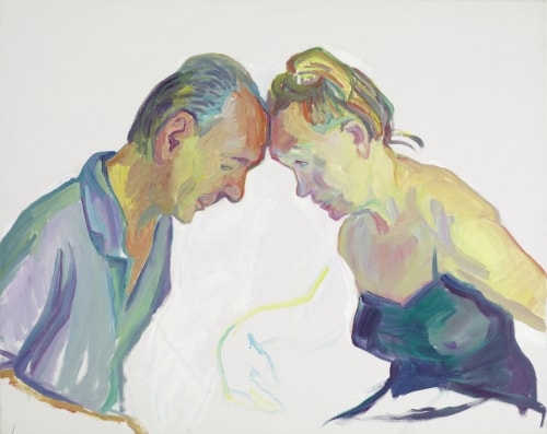 Ehepaar (2001) von Maria Lassnig, expressionistische Darstellung, eine Frau und ein Mann lehnen an der Stirn aneinander