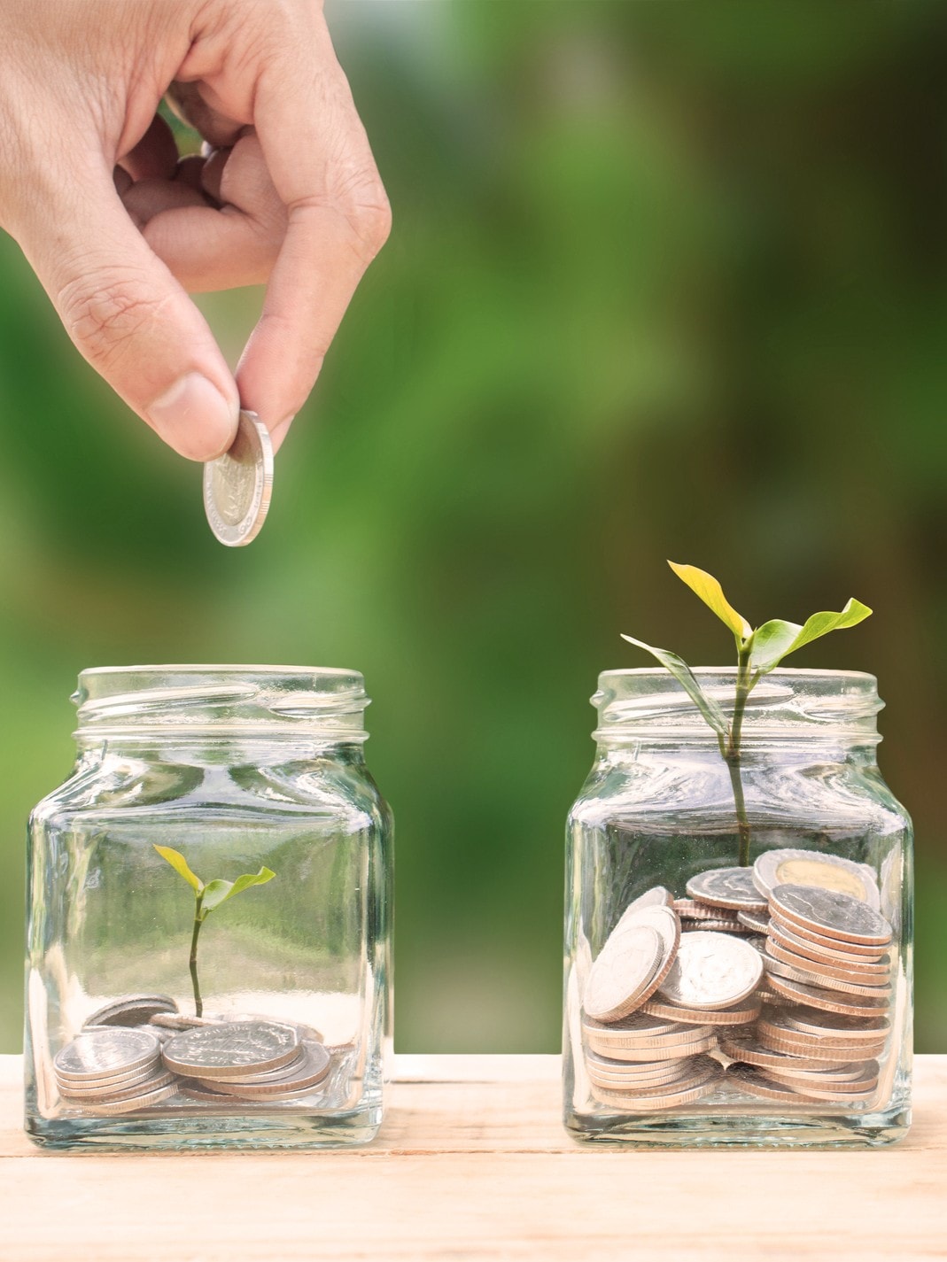 Eine Hand legt Münzen in drei Gläser, in denen Pflanzen wachsen, symbolisiert Investition in nachhaltiges Wachstum.