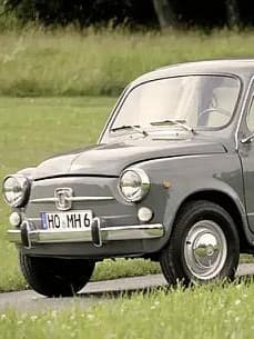 Ein grauer, klassischer Fiat 600, geparkt auf einer Wiese mit Bäumen im Hintergrund. Das Auto hat runde Scheinwerfer, Chromstoßstangen und kleine Räder.