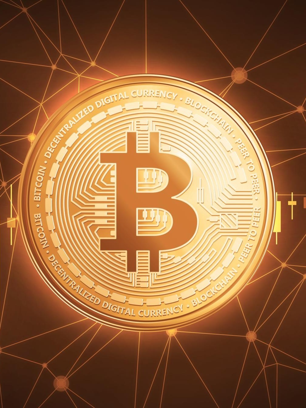 Ein leuchtendes Bitcoin-Symbol in der Mitte, umgeben von einem Netzwerk miteinander verbundener Knoten, das die Blockchain-Technologie darstellt.