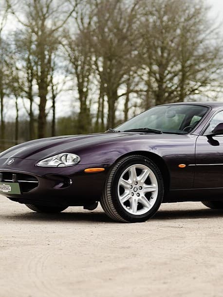 Lilafarbener Jaguar XK8 auf hellem Boden vor Bäumen, Seitenansicht