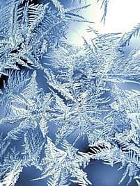 Ein Nahaufnahme von Frostkristallen auf einer Oberfläche. Die Frostkristalle haben komplizierte, federartige Muster und sind von Licht beleuchtet, was eine schöne und detaillierte Darstellung schafft.