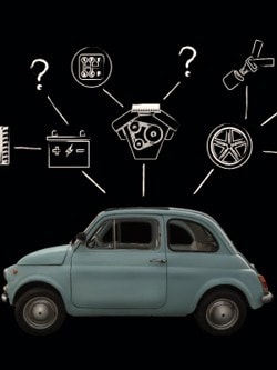 Illustration eines kleinen blauen Autos mit verschiedenen Symbolen wie Motor, Batterie, Reifen und Werkzeugen, die mit Fragezeichen versehen sind und Reparatur- bzw. Wartungsthemen darstellen.