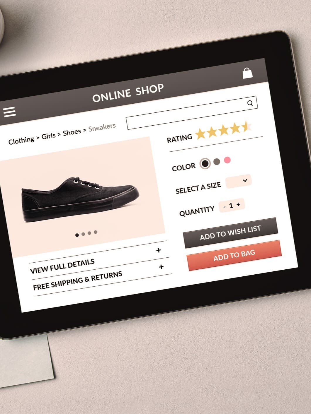Online-Shop auf Tablet und Smartphone: Produktseite für Schuhe mit Kaufoptionen und Bewertungen
