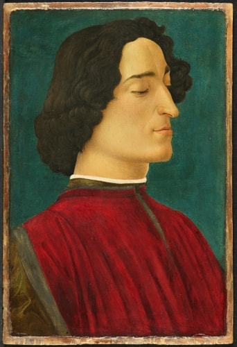 Porträt von Giuliano de’ Medici (1478) von Sandro Botticelli, Renaissance-Gemälde mit Seitenprofil eines jungen Mannes