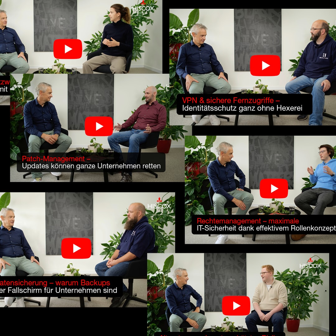 Die Grafik zeigt Ausschnitte aus den Hiscox Cyber-Expertenvideos mit HiSolutions