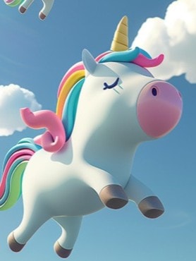 Drei sehr niedliche weißes Comic-Einhörner in verschiedenen Größen mit bunter Mähne und Schweif fliegen vor einem blauen Himmel mit weißen Wölkchen durch die Luft.