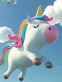 Drei sehr niedliche weißes Comic-Einhörner in verschiedenen Größen mit bunter Mähne und Schweif fliegen vor einem blauen Himmel mit weißen Wölkchen durch die Luft.