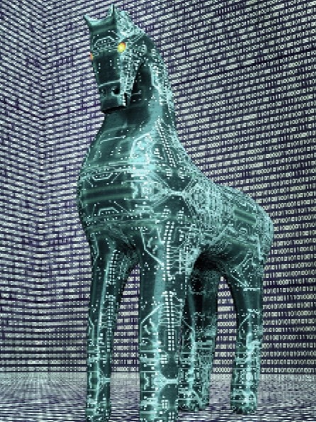 Digitales Trojanisches Pferd vor einem Hintergrund aus Binärcode: Symbol für Cyberangriffe und Schadsoftware