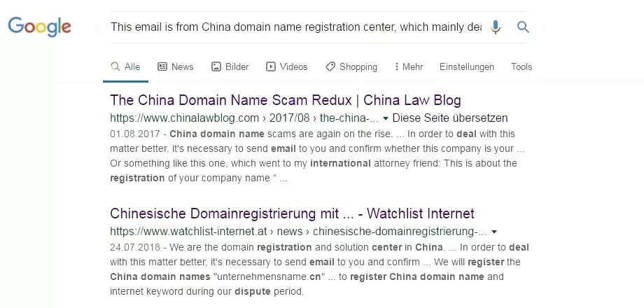 Bildschirmaufnahme einer Google-Suche zum Thema "China Domain Name Scam", mit Suchergebnissen, die auf Betrugsversuche mit chinesischen Domain-Namen hinweisen