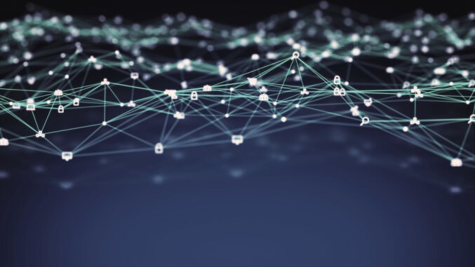 Visualisierung eines Netzwerks mit verbundenen Punkten vor einem neutralen Hintergrund.